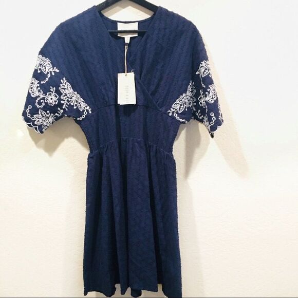 Embroidered Faux Wrap elastic waist navy blue dres - Picture 1 of 8